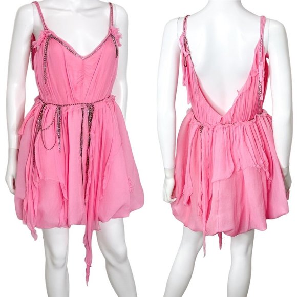 LoveShackFancy Ashida Bubble Hem Silk Mini Dress in Begonia Pink Women's Size 6 - Picture 4 of 17